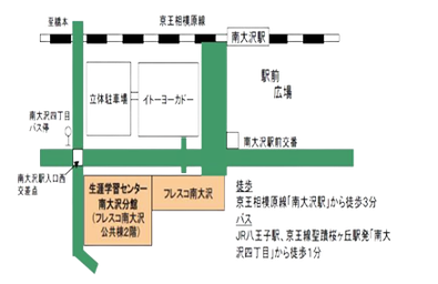 南大沢駅から生涯学習センター南大沢分館への案内図。駅から徒歩3分、フレスコ南大沢の建物内。